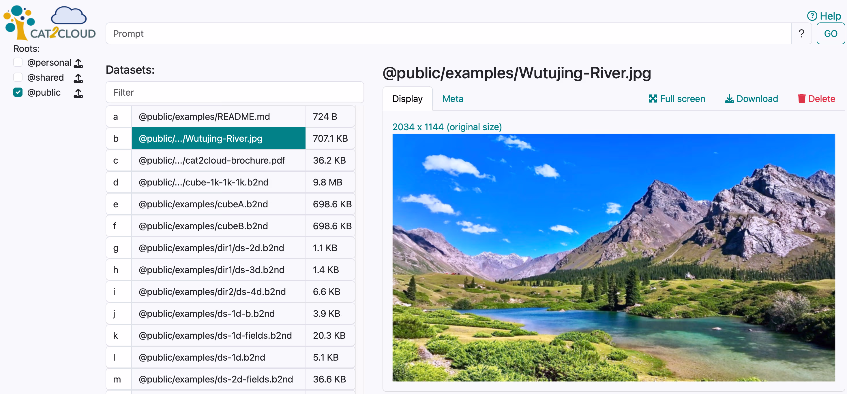 A screenshot of the Cat2Cloud demo site showing a river dataset.